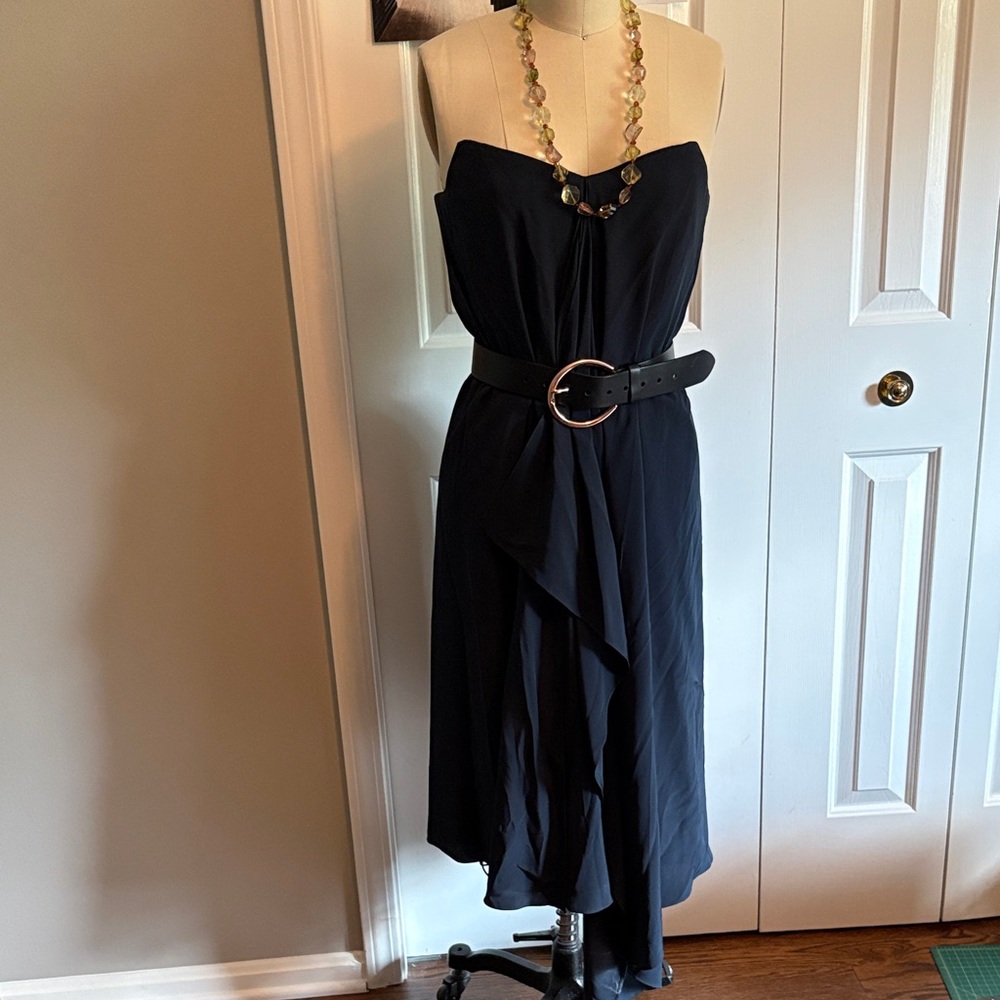 Tibi Strapless Black Ruffled Midi Dress